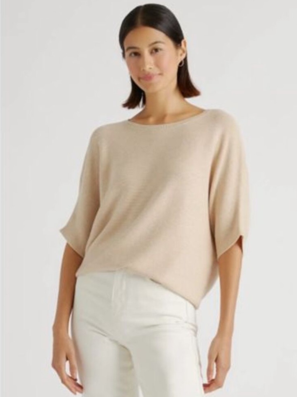 Quince Lightweight Cotton Cashmere Link-Stitch Dolman Sweater Oatmeal Medium - Picture 2 of 9